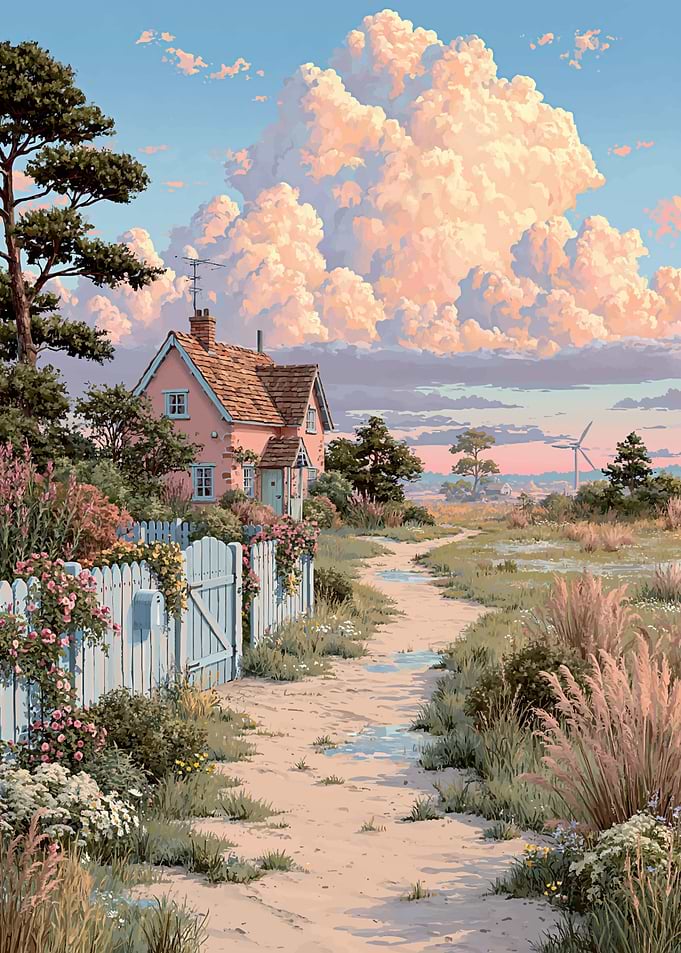 Pastel Cottage with Flowery Fence