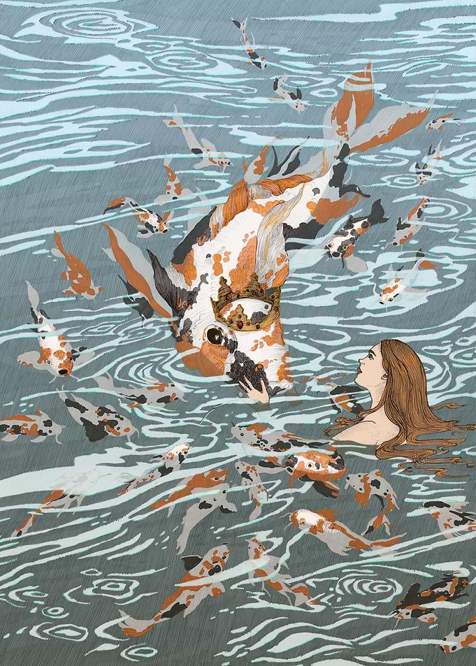 Mythical Creature and Woman in Koi Pond