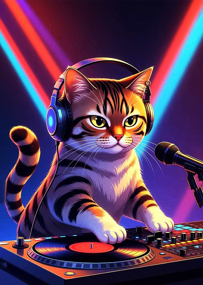 DJ Cat with Headphones and Turntable