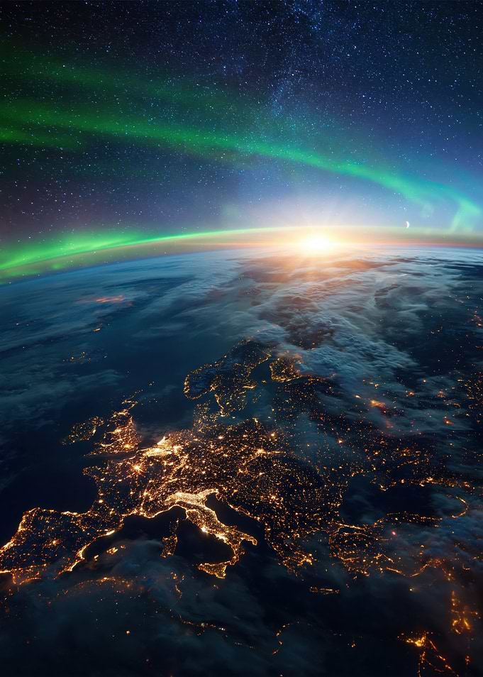 Earth from Space with Aurora and Sunrise