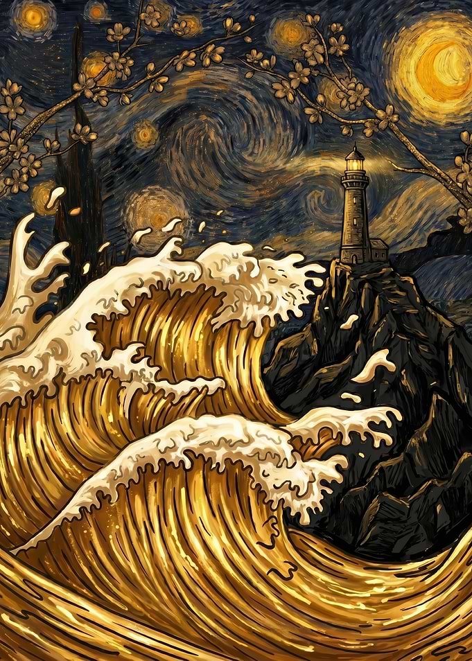 Starry Night Lighthouse and Waves