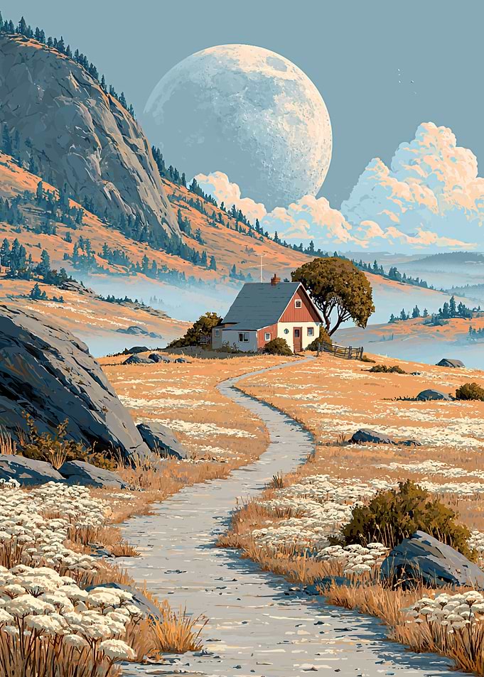 Serene Mountain Landscape with House and Moon