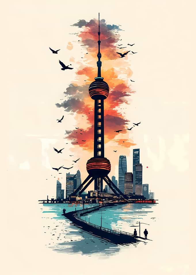The Bund Shanghai Negative Space Skyline Minimal Travel Art