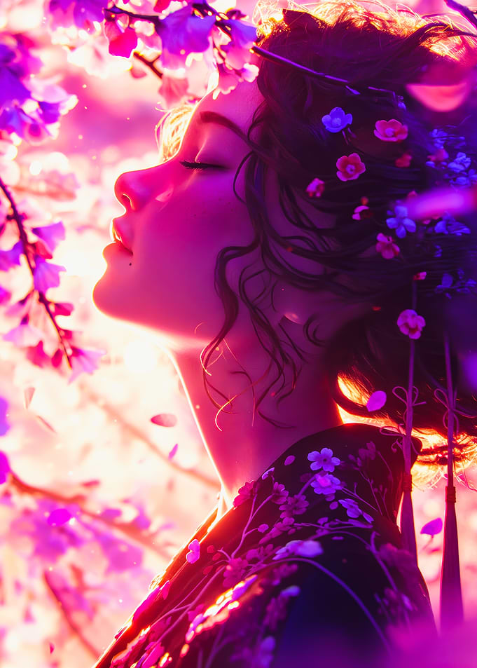 Woman Profile Among Cherry Blossoms