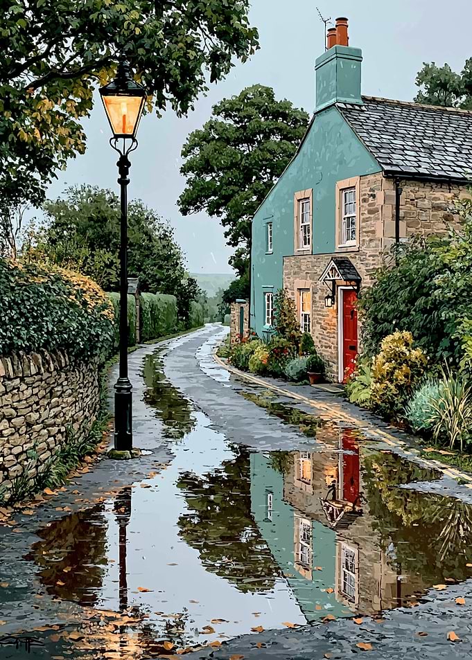 Rainy Village Street with House Reflection
