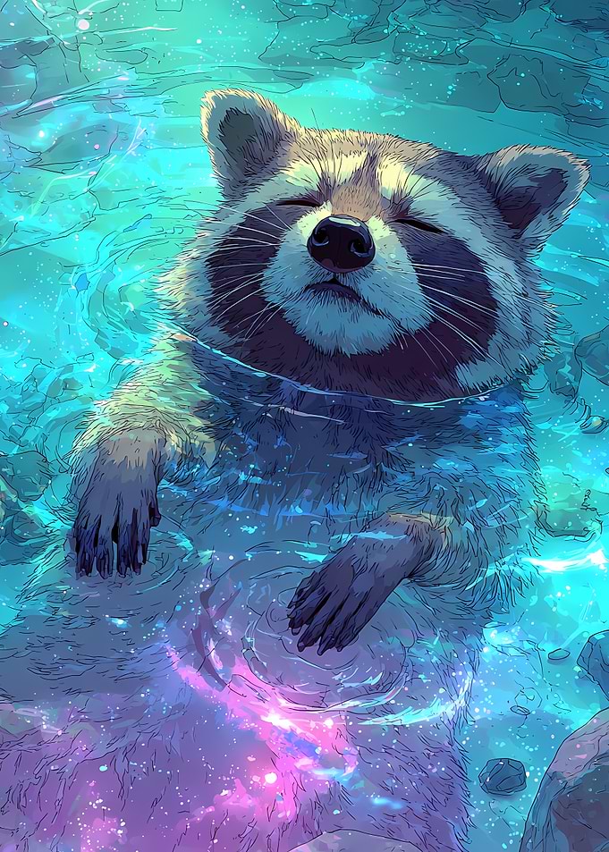 Raccoon Floating and sleep in Cosmic Water