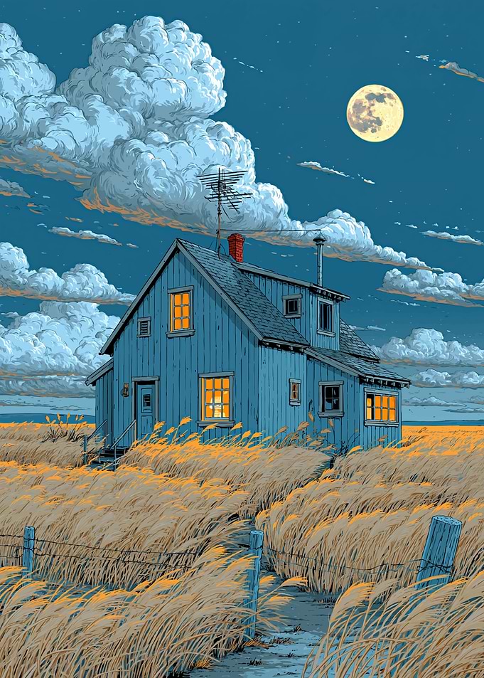 Blue house in tall grass under the moon