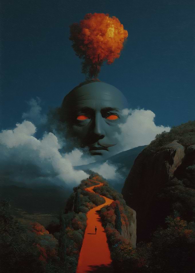 Surreal Landscape with Giant Head and Exploding Cloud