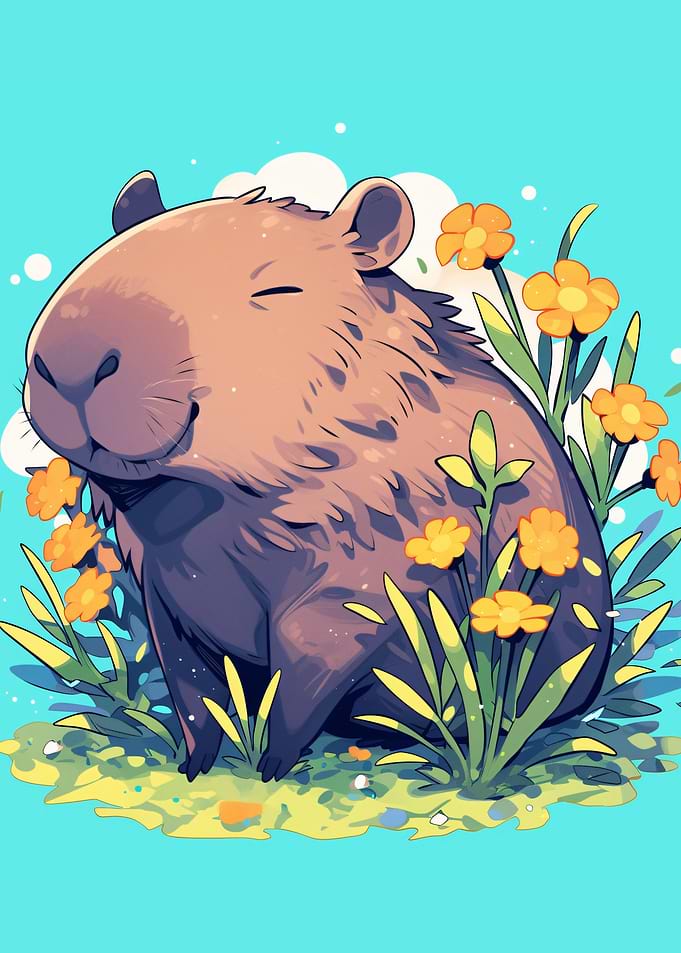 Cute Capybara in Flowers