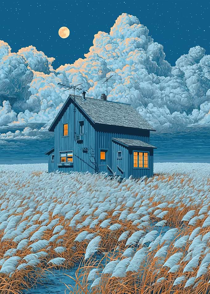 Blue House in a Field Under the Moon