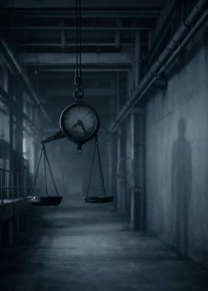 Vintage Scale with Clock in Industrial Hallway