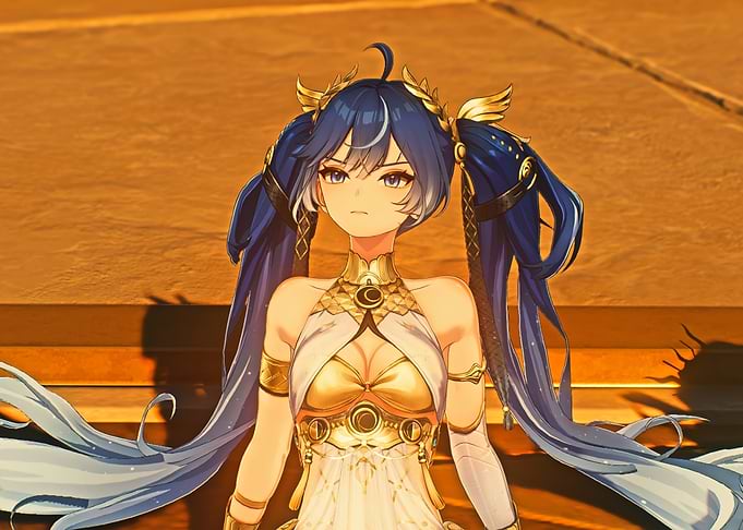 Anime character with blue hair and gold outfit