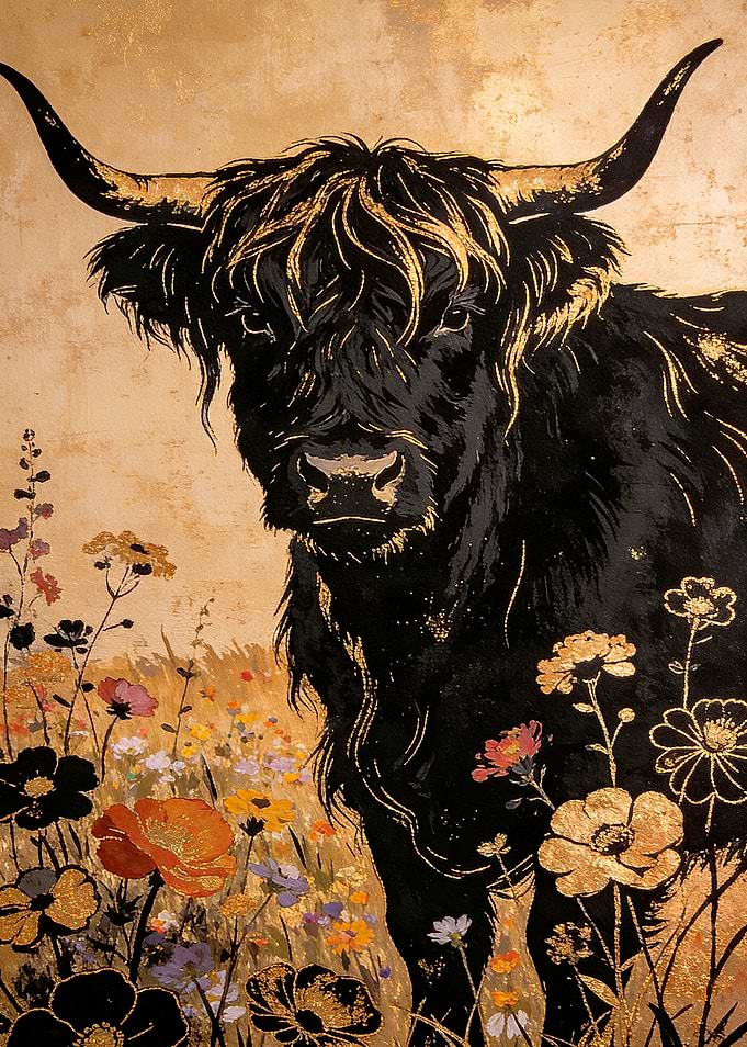 Highland Cow in a Field of Flowers