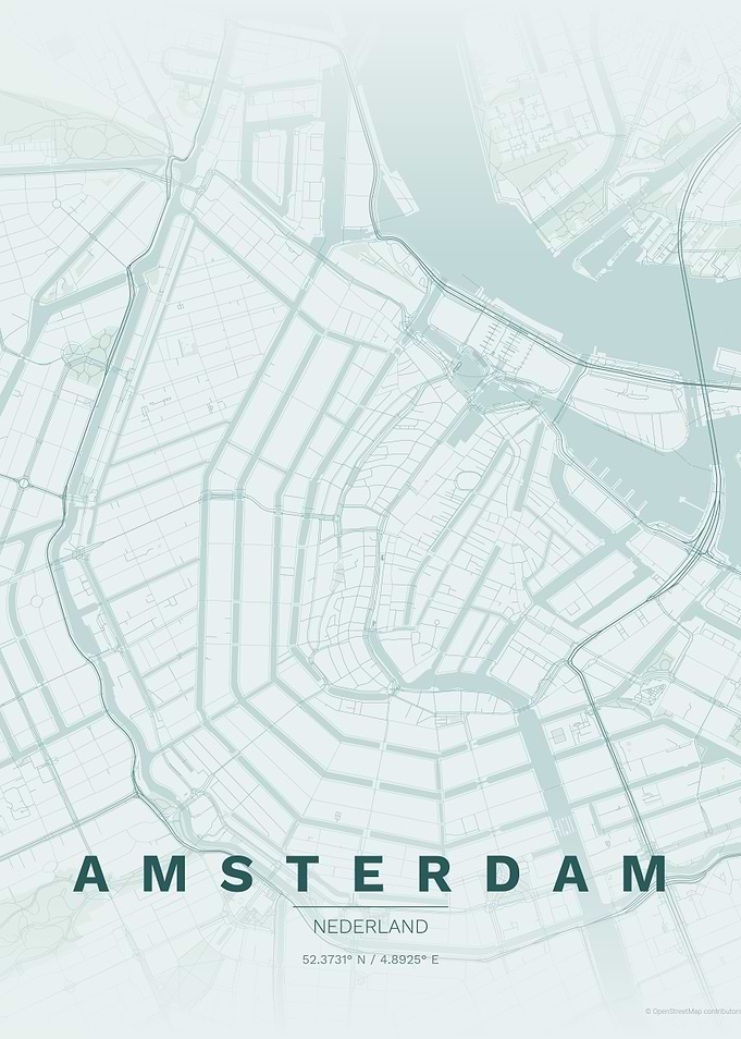 Amsterdam Light Blue Map with Coordinates