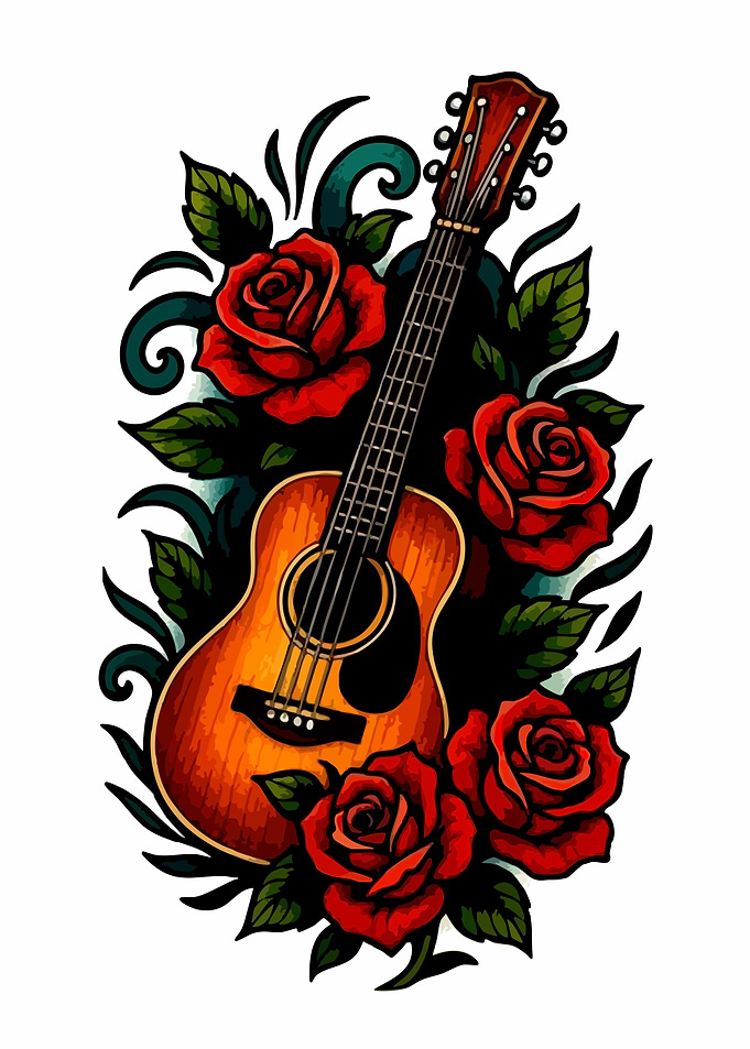 Guitar and Roses Tattoo Design