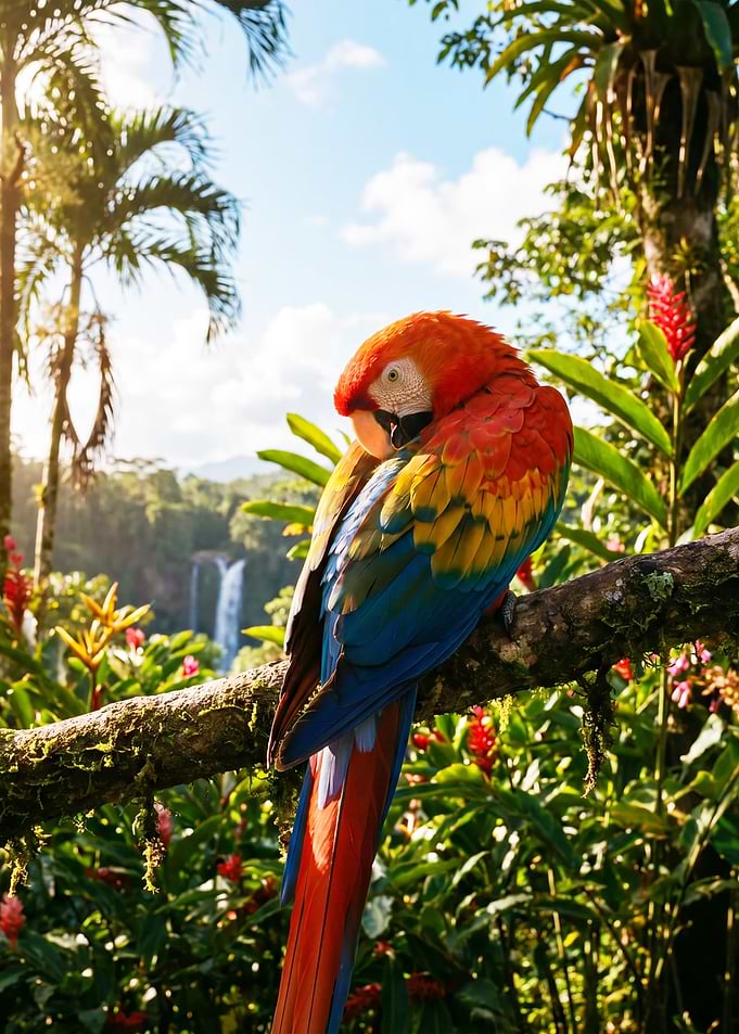 Scarlet Macaw in a Tropical Waterfall Setting
