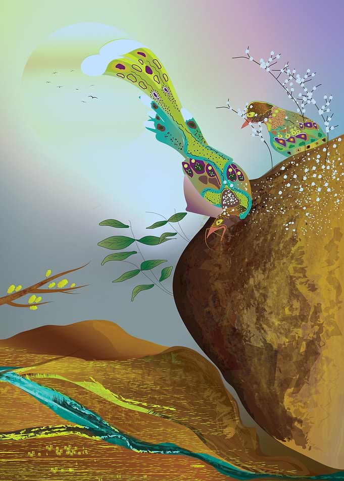 Whimsical Birds on a Rocky Outcrop