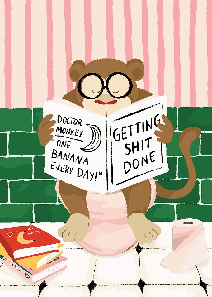 Monkey reading a newspaper on the toilet