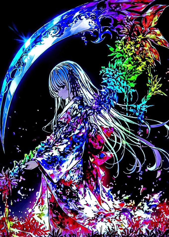 Anime Girl with Scythe and Flowers