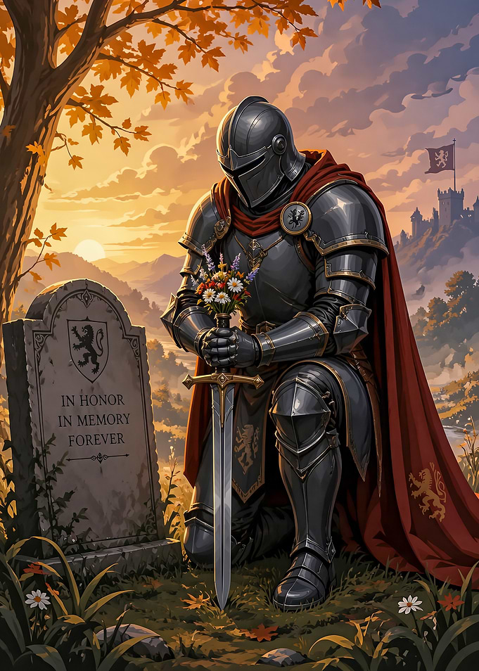 Knight kneeling at a grave