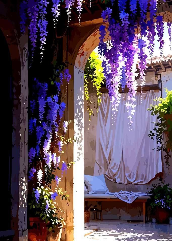 Wisteria-draped courtyard with a daybed