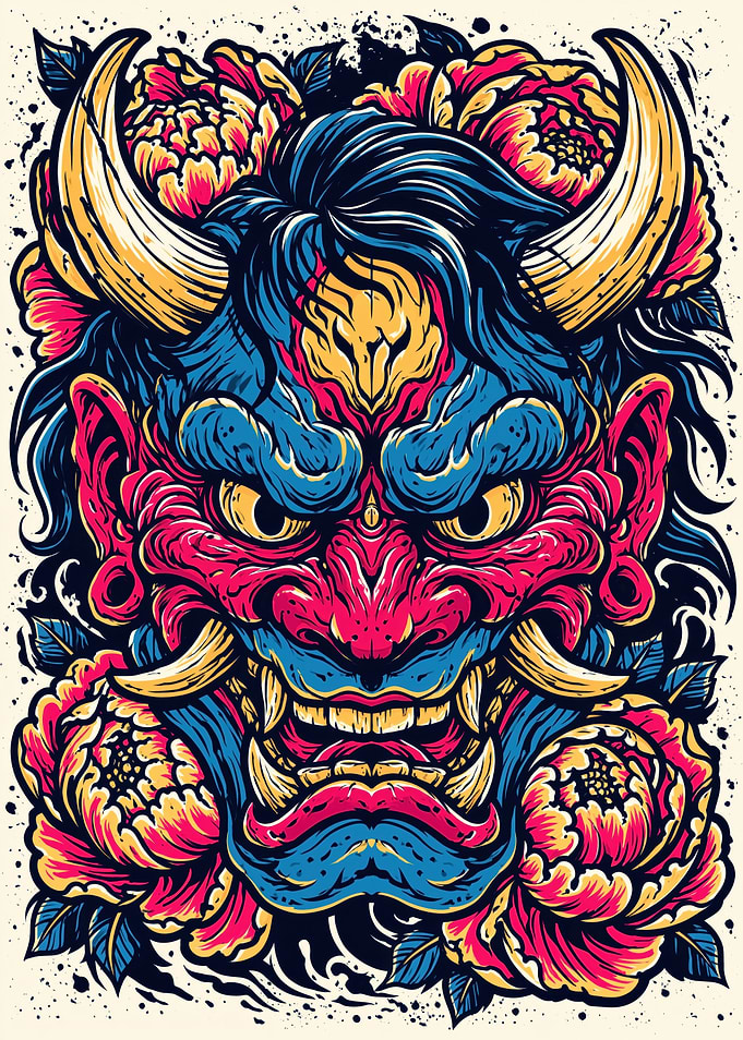 Japanese Oni Mask with Flowers