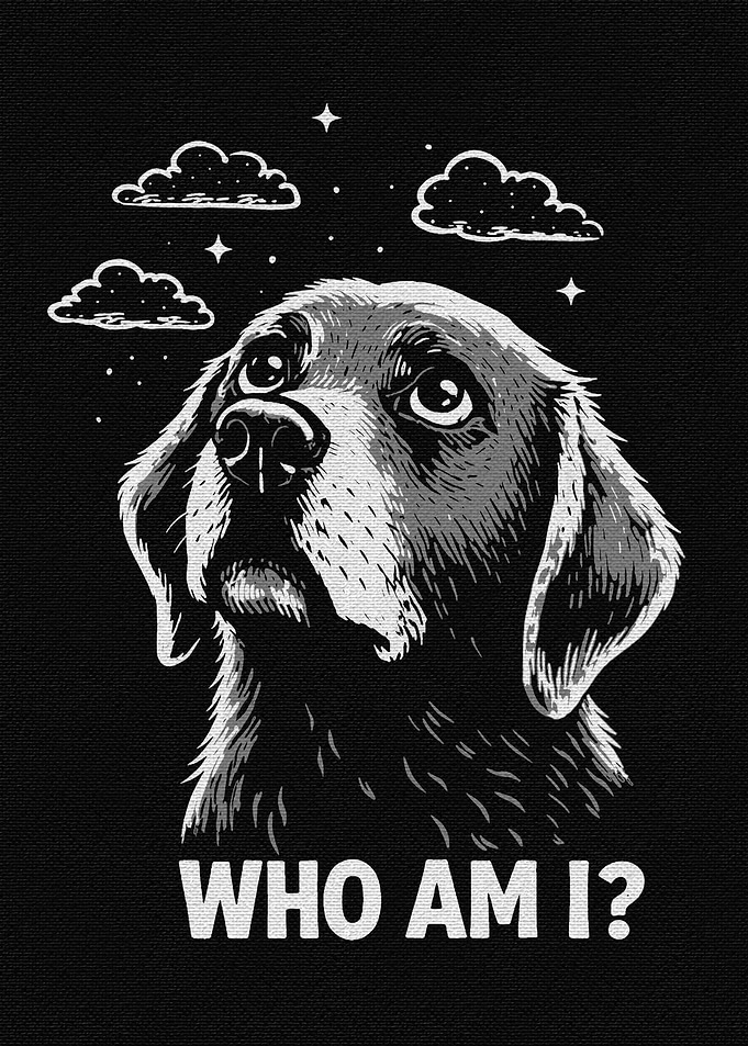 Dog looking up with text