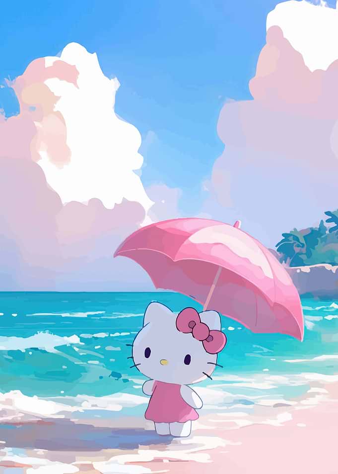 Hello Kitty on a beach with umbrella