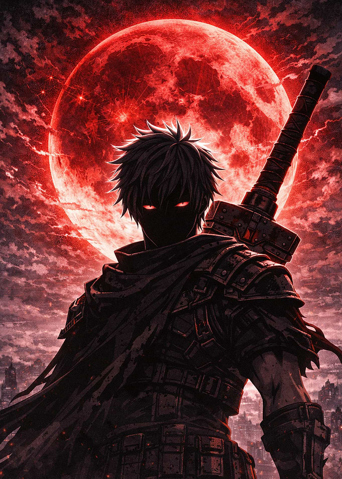 Dark Warrior Under Red Moon