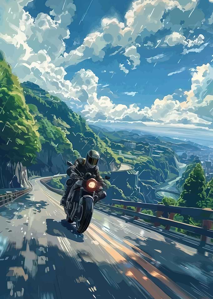 Motorcyclist on a Rainy Mountain Road