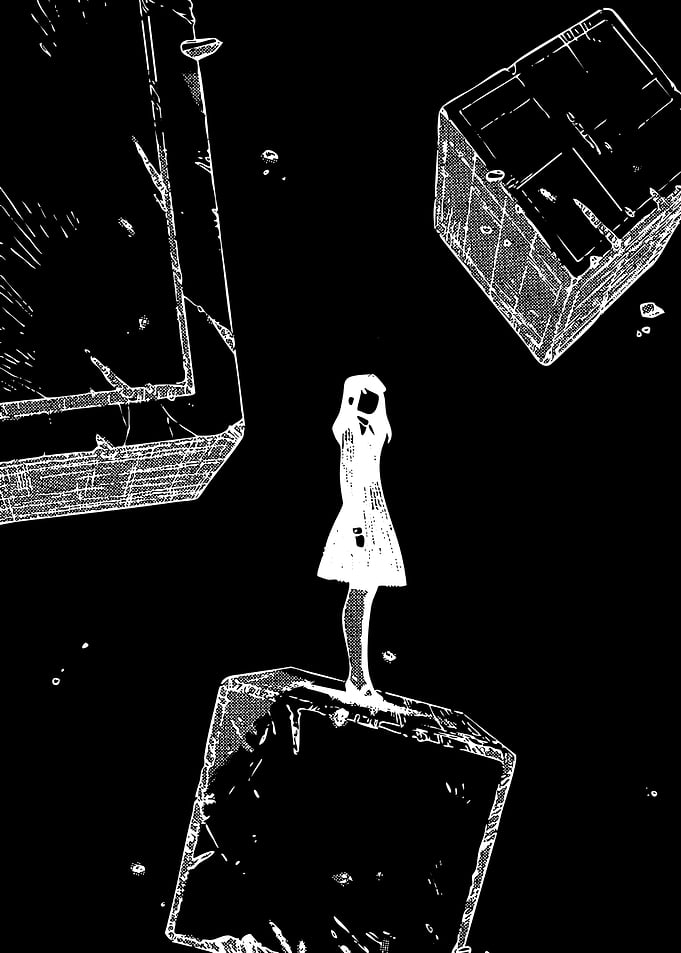 Girl on Cube in Abstract Space