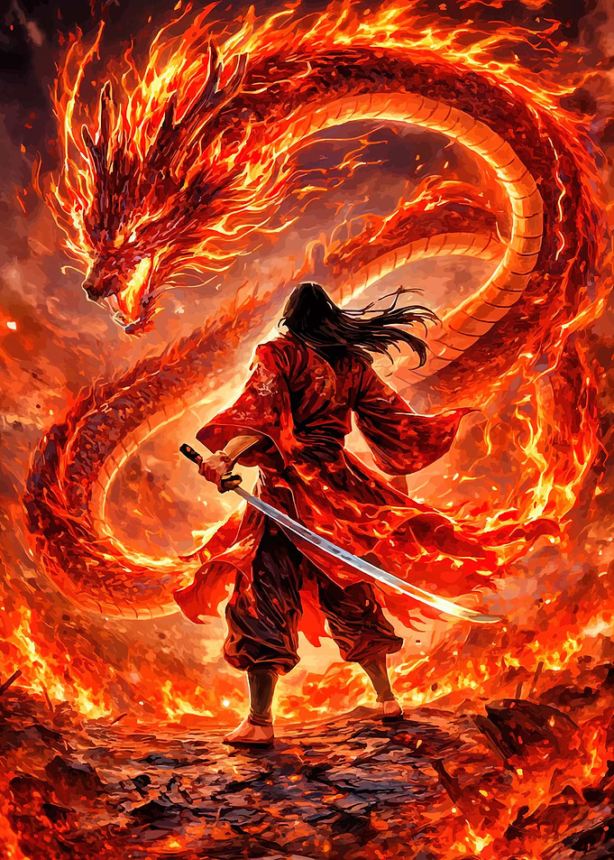 Warrior Facing Fiery Dragon
