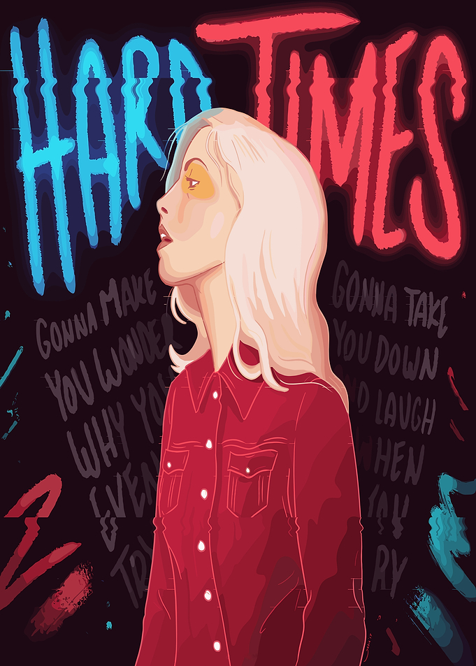 Paramour Woman in Red Shirt with Neon Text
