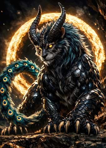 Mythical Beast with Peacock Tail