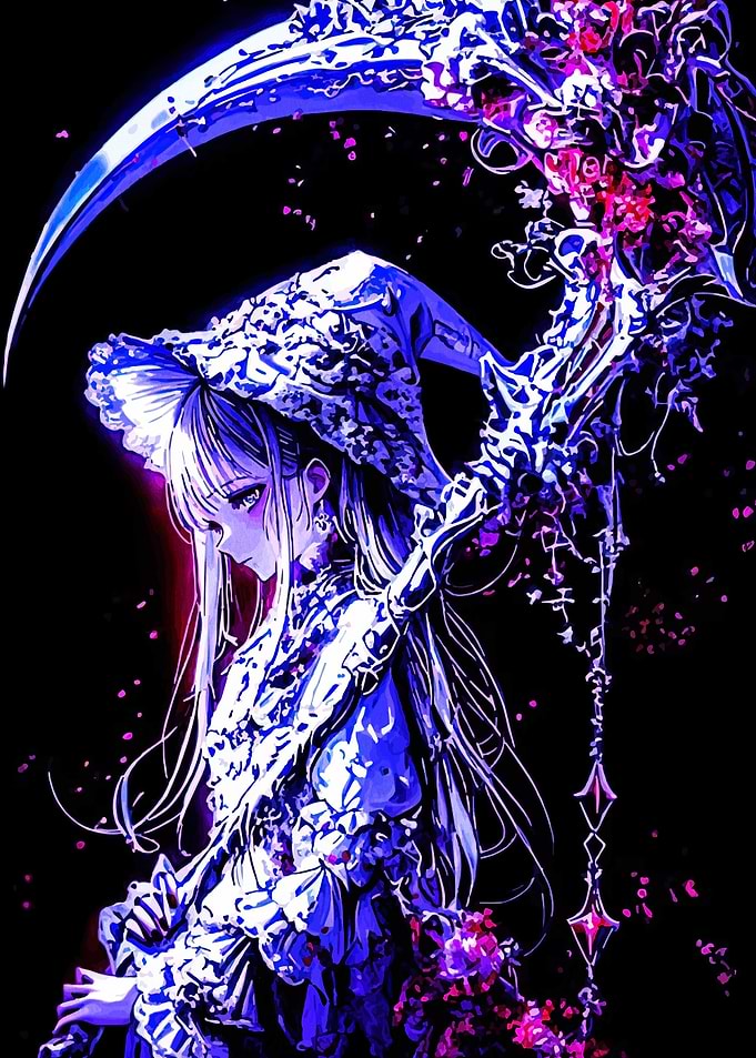 Anime Girl with Scythe and Flowers