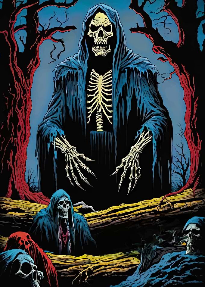 Grim Reaper and Skeletons in a Dark Forest