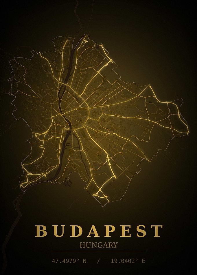 Budapest Gold City Map — Hungary Night Travel Poster