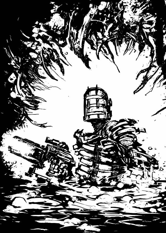 Isaac Clarke in a dark, alien environment