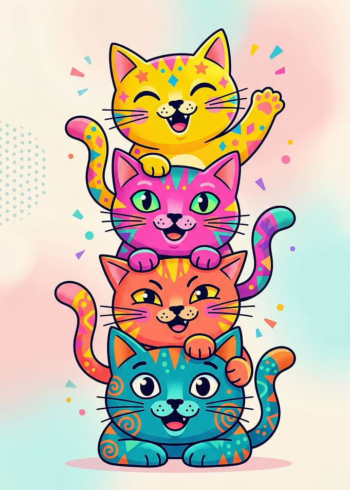 Stack of Colorful Cartoon Cats