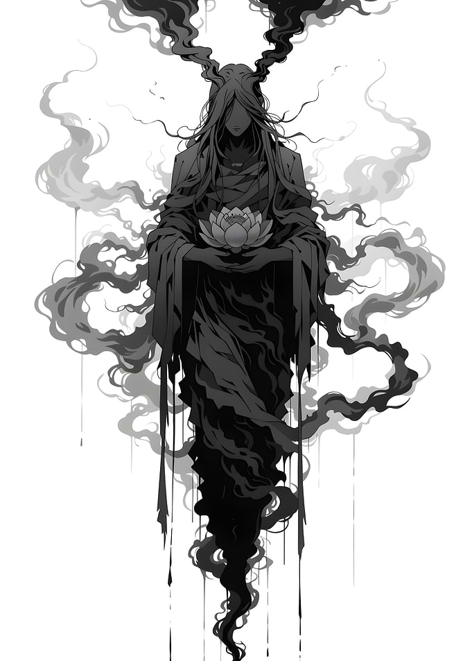 Shadow Guardian with Lotus — Monochrome Ethereal Illustration