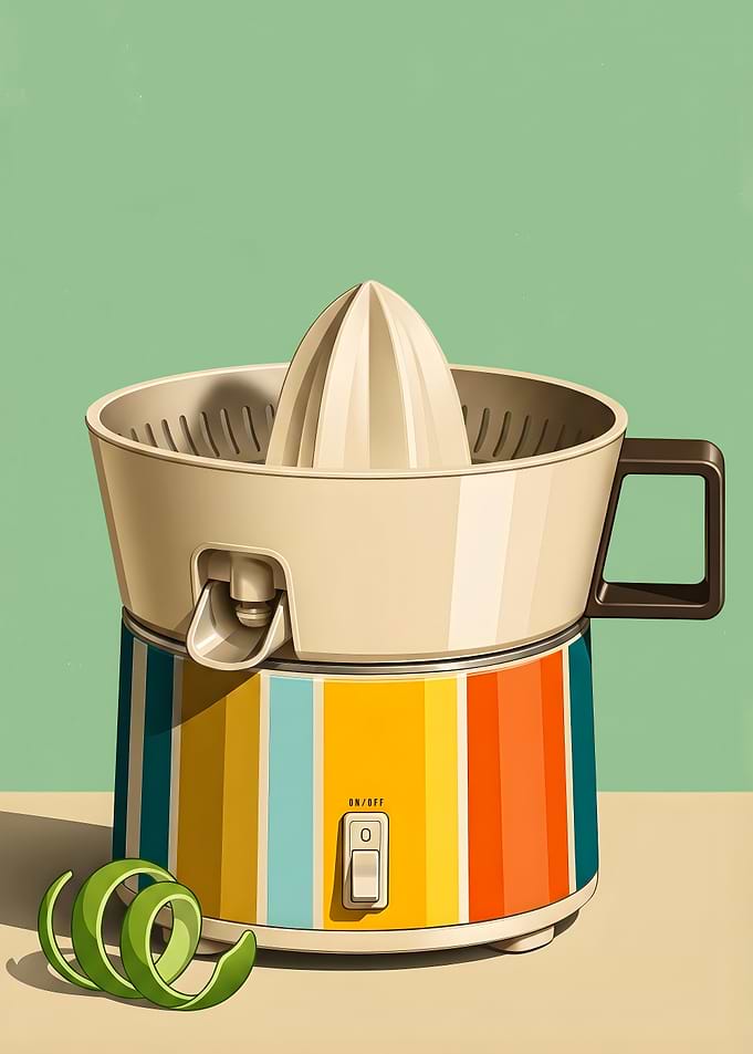 Mid-Century Modern Citrus Juicer Poster — Retro Kitchen Appliance Wall Art in Teal Orange & Yellow