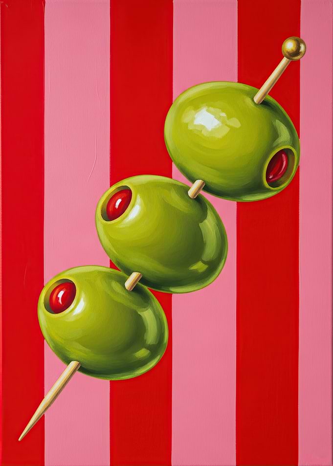 Three Green Olives on Skewers