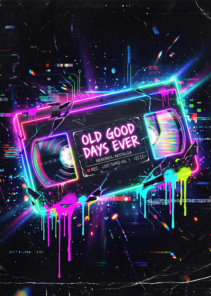 Retro VHS Tape with Neon Glitch Art