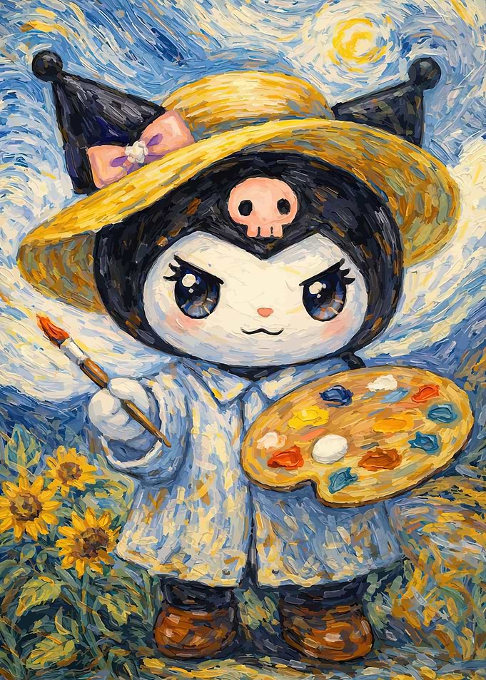 Kuromi painting sunflowers in Van Gogh style