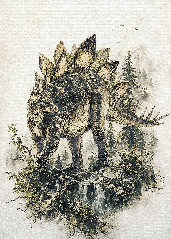 Stegosaurus in a Misty Forest