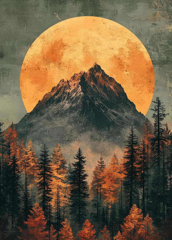 Mountain Peak Under Orange Moon