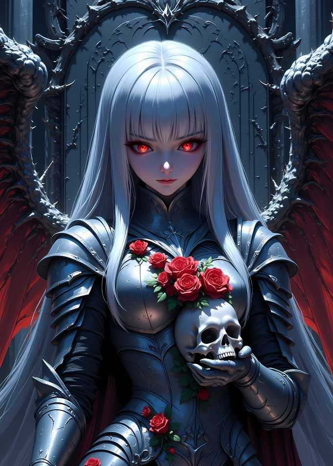 Gothic Anime Warrior with Skull and Roses