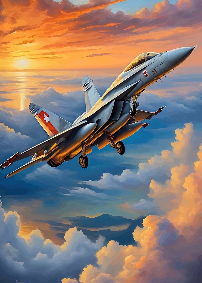 Swiss F-18 Jet Ascending at Sunset