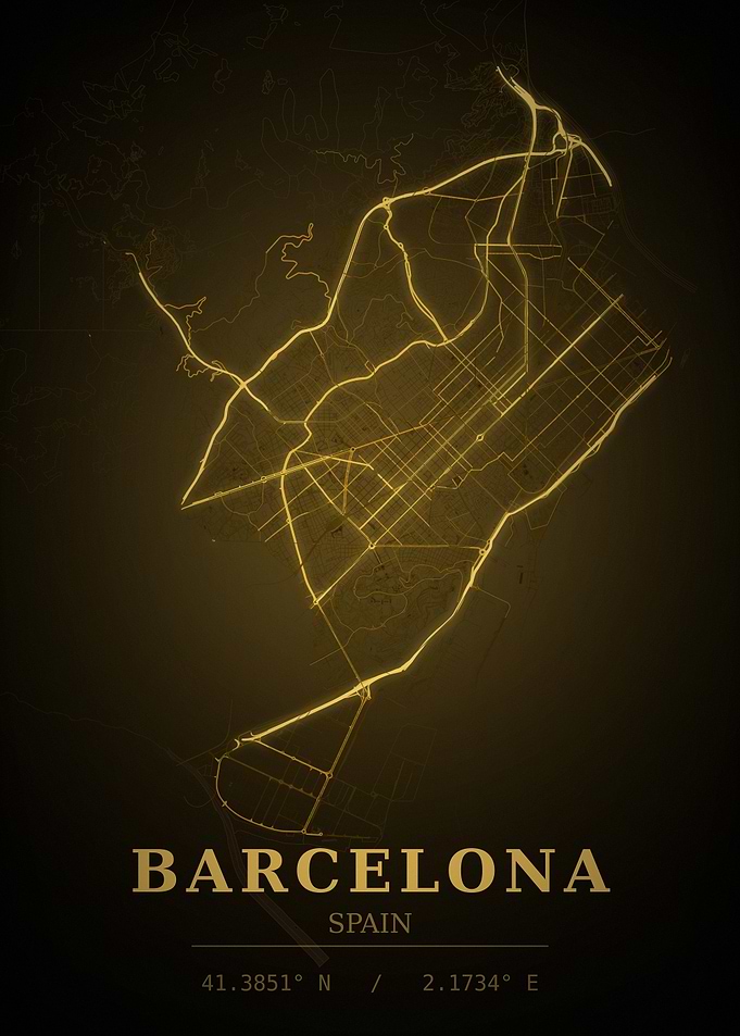 Barcelona Gold City Map — Spain Night Travel Poster