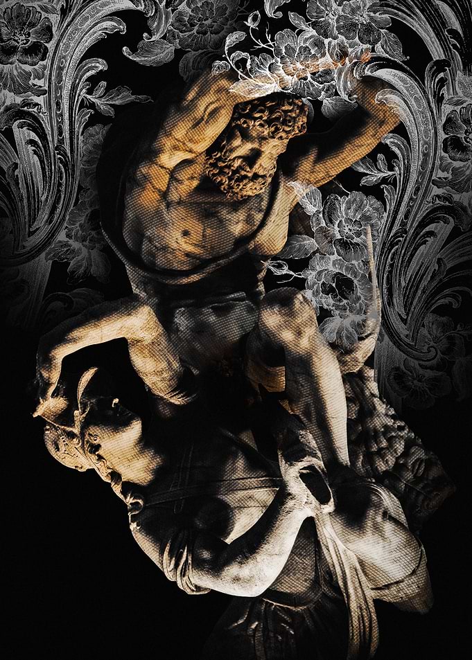 Mythological Sculpture with Floral Overlay